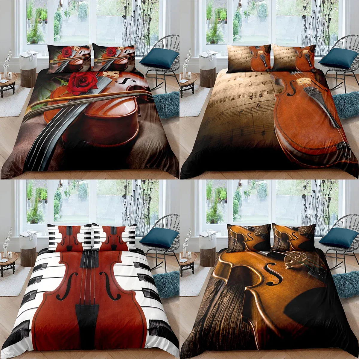 Uppsättningar Hemtextiler Luxury 3D Cello Däcke Cover Set och Pillow Case Kids Bedding Set AU/EU/UK/US Queen and King Size Bedding