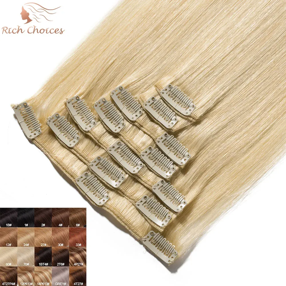 Extensions Choices riches 7pcs / Set Strimaght Clip dans les cheveux Extensions 100% Human Hair Hairpins Clip in Hairpices Natural Brown Blonde