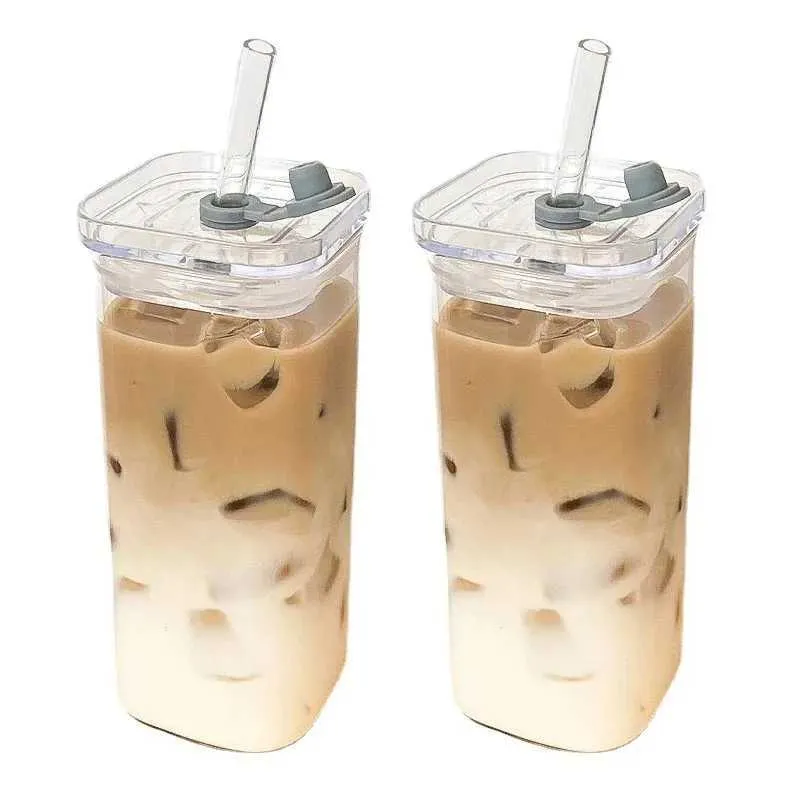 Tumblers Square heat-resistant coffee glass with lid and straw transparent milk tea juice cup home bar beverage H240425