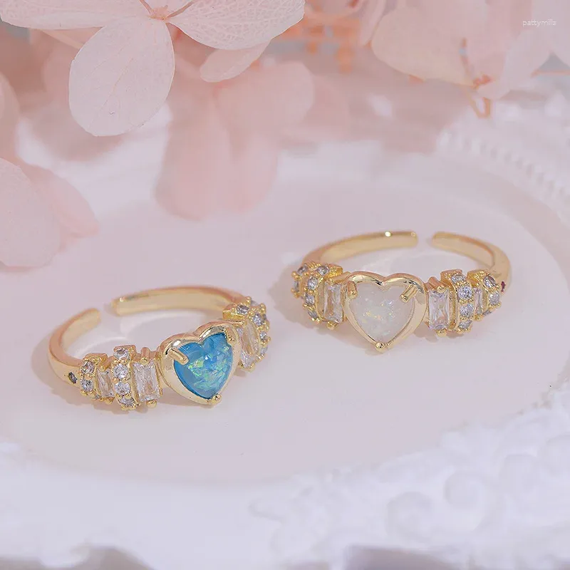 Cluster Rings 14K Gold Plating Exquisite Zircon Opal Heart Shape Ring Korea Design Fashion Jewelry Elegant Women's Daily Work Open