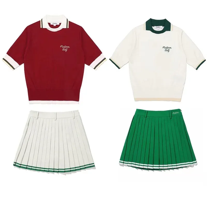 シャツ女性ゴルフスカートサマーカジュアルスポーツショートスリーブニットTシャツかわいいプリーツゴルフドレスと女性のためのシャツゴルフウェア