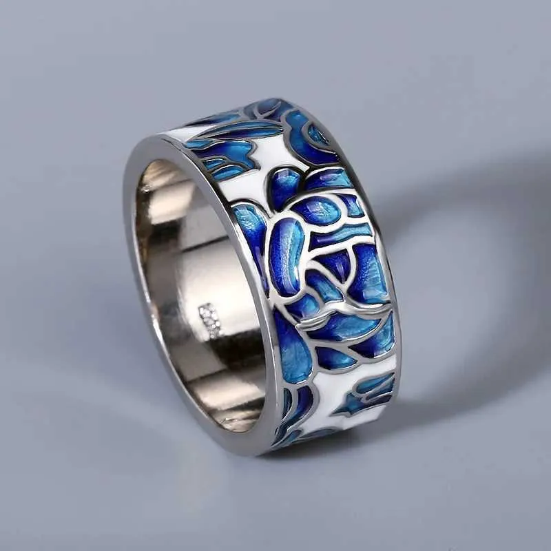 Anneaux de bande Classic Epoxy Ematel Blue Flower Ladies Ring 925 Silver for Bijoux Wedding Bridal H240425