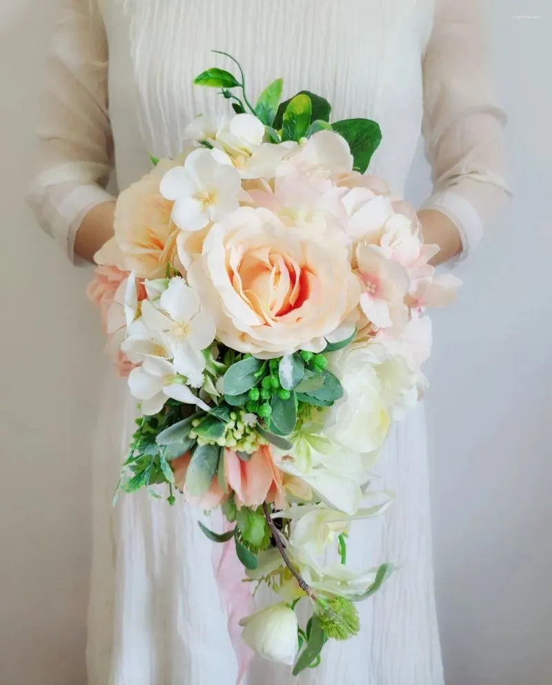 Bruiloft bloemen sesthfar waterval boeket vintage roze witte bruids rozen kunstmatige waterdruppel bruid boeketten