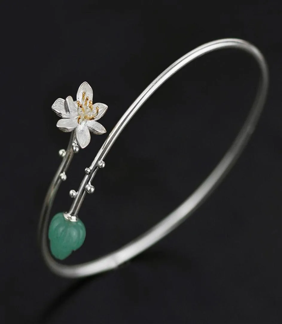 Inature 925 Sterling Silver Natural Aventurine Lotus Flower Bracelets Bangles For Women Jewelry SH190721227v5960992