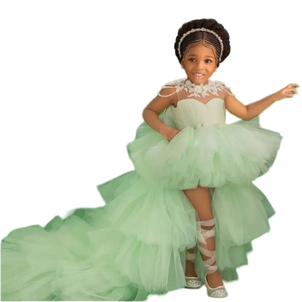 Green Lace Applique Little puffy dress with Beading and Layered Skirt for Wedding - Short, Front, and Long