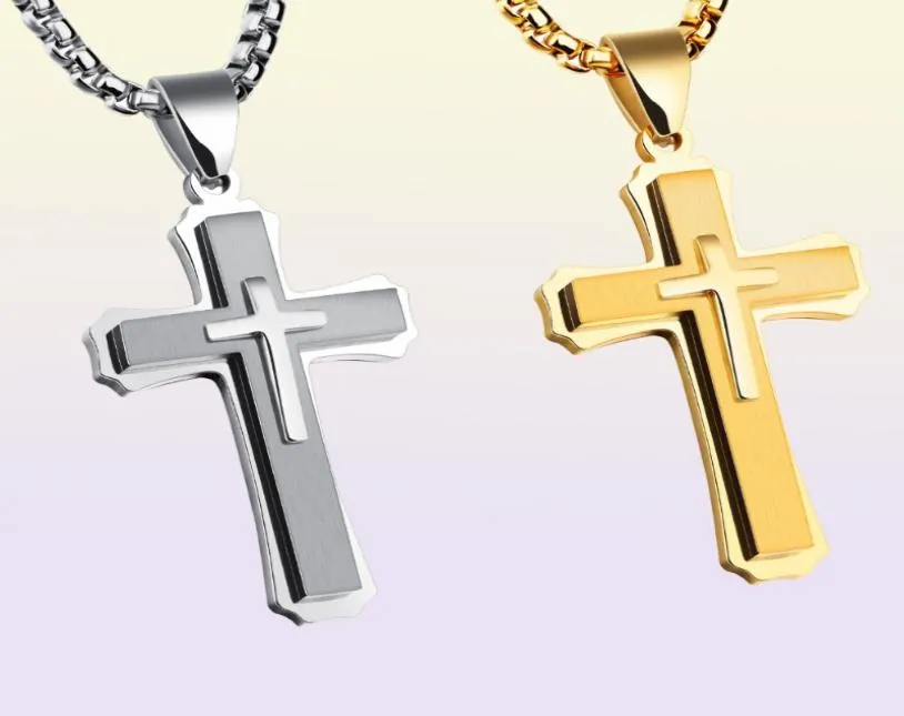 Hip Hop Cross Pendant Necklace For Men New WhiteBlack Gold Color Stainless Steel 55CM Box Link Chain Male Gift6779668