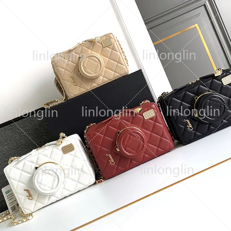 10A Yeni 24SS Kamera Çantası En Kaliteli Lüks Tasarımcı Kamera Çantaları Orijinal Deri Kadın Omuz Çantası Lady Siyah Beyaz Crossbody Bag Bag Hollow Sap Altın Zincir Crossbody