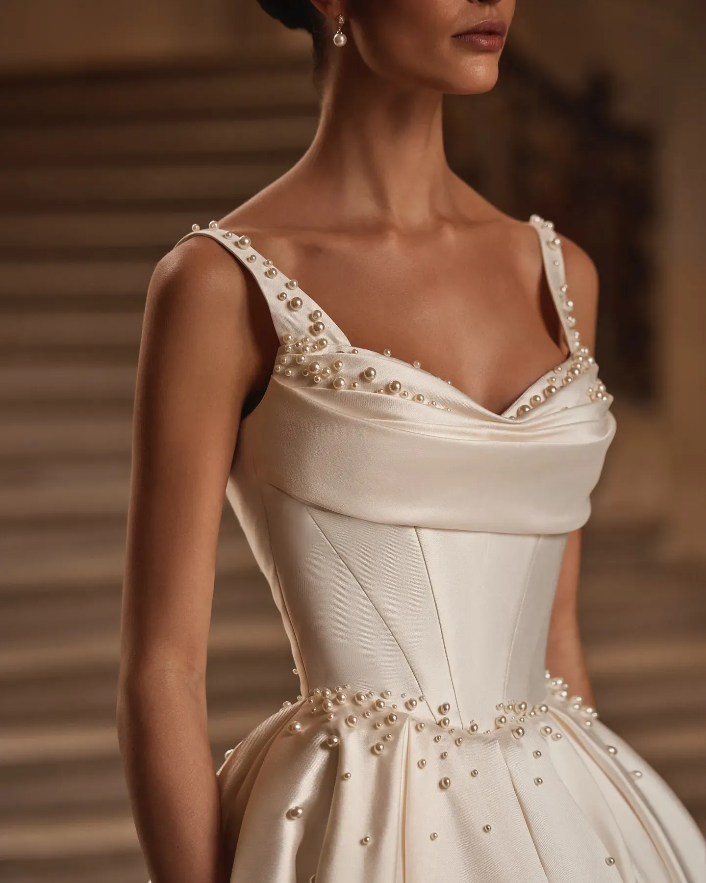 Dark ory thedral Satin Wedding ss with Pearls and Beading