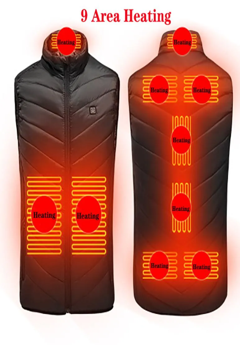 EBaihui 9 Platser USB -jacka Uppvärmd uppvärmning Väst Män Kvinnor Uppvärmning Termiska kläder Hunting Vests Winter Heat Jackets Black A2391327