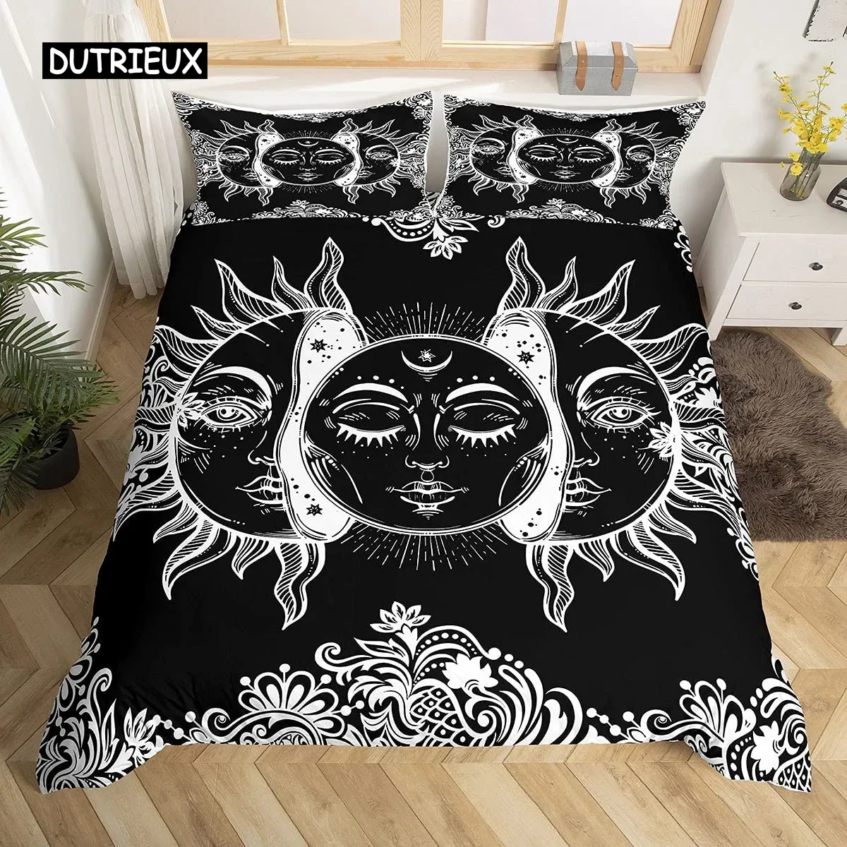 Conjunto de capa de edredom de mandala conjunto de sol e lua de capa de lua, laços de estilo exótico preto e branco Conjunto de cama de poliéster floral de poliéster floral