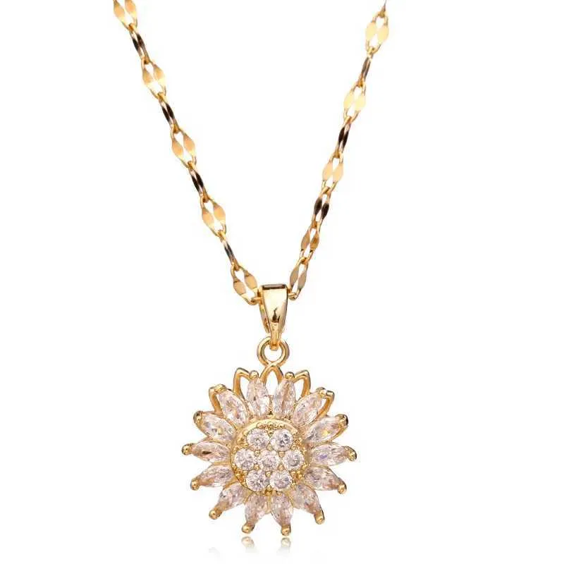 Pendant Double-layer Rotatable Suower Necklaces For Women Chain Choker Stainless Steel Jewelry Accessories Free Shipping_voghion.com