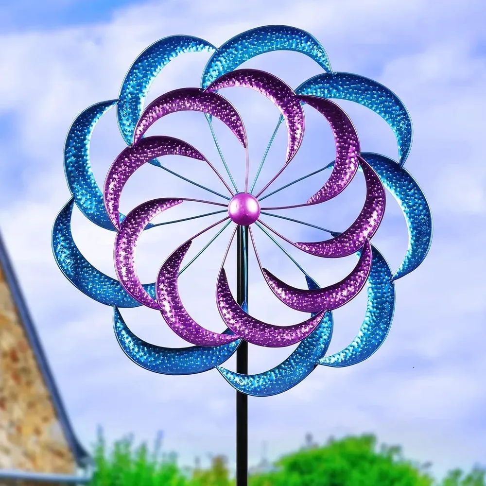 Garden Wind Spinner Purple and Blue Stake Double Powered Metal Outdoor Decor 240425