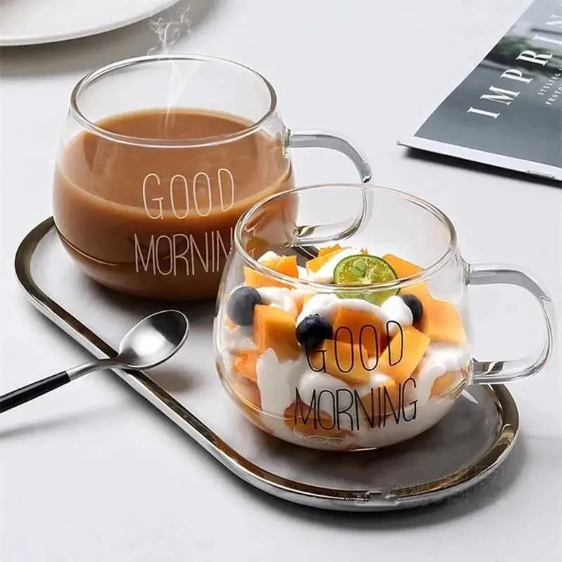 Lettre de gobelers en verre transparent tasse créative café thé à thé dessert petit-déjeuner tasses de lait manipuler les cadeaux de couples de bois H240425