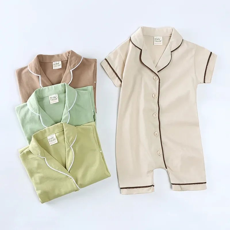 One-Pieces 2024 Summer Newborn Baby Romper Pajamas Solid Button Short Clothes For 0 3T Cute Korean Breathable Jumpsuit Boy Girl Pyjamas