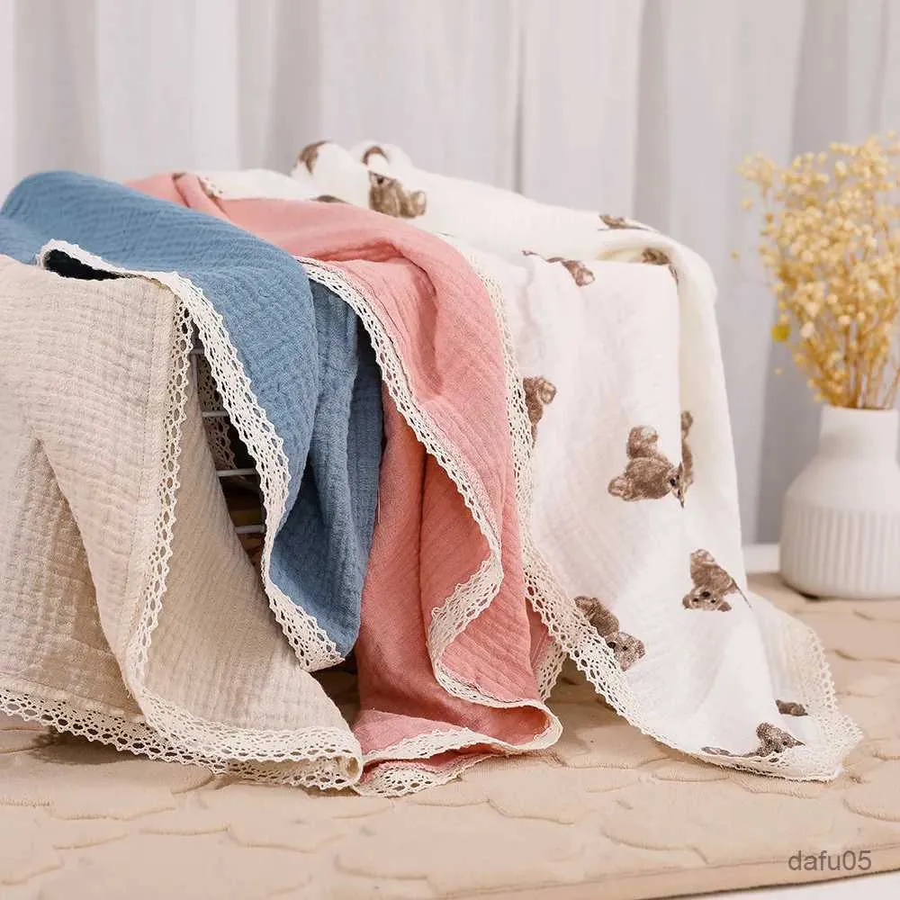 Blankets Swaddling Baby Blanket with Lace Muslin Squares Cotton Gauze Baby Blankets Newborn Swaddle Mantas Para Beb Plain Color