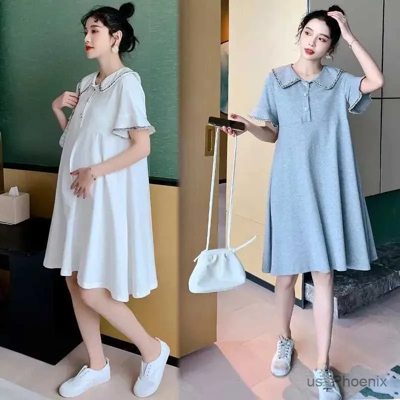 Maternity Dresses Summer Pregnant Women Dresses Maternity Casual Clothes Pregnancy Lapel Dress Solid Color Short-sleeved T-shirt Female A Skirt