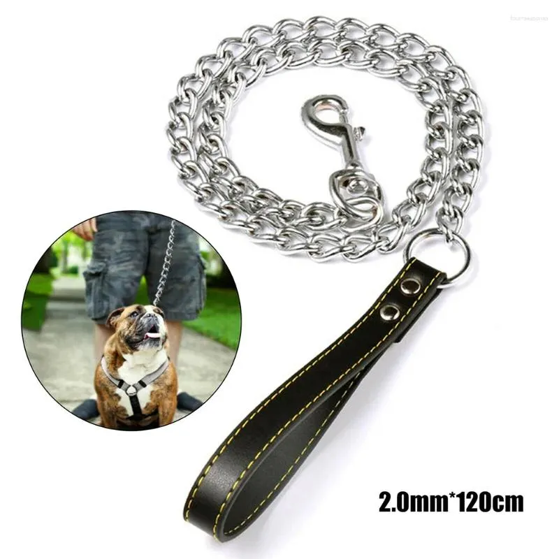 Dog Collars Heavy Duty Metal Chain Lead With Leather Handle Long Strong Control Leash Outdoor Pet Traction Rope Anti Bite Supplies