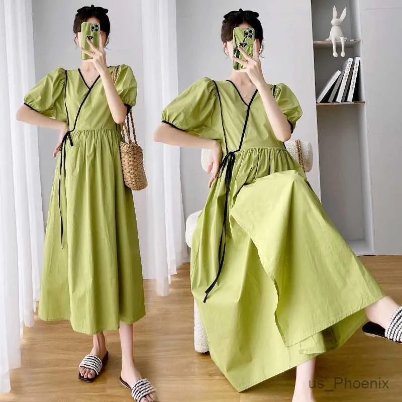 Maternity Dresses Green Pregnant Women Dress Short Sleeve V-Neck High Waist Maternity Cotton Dress Plus Size Pregnancy Holiday Clothes Beach Dress