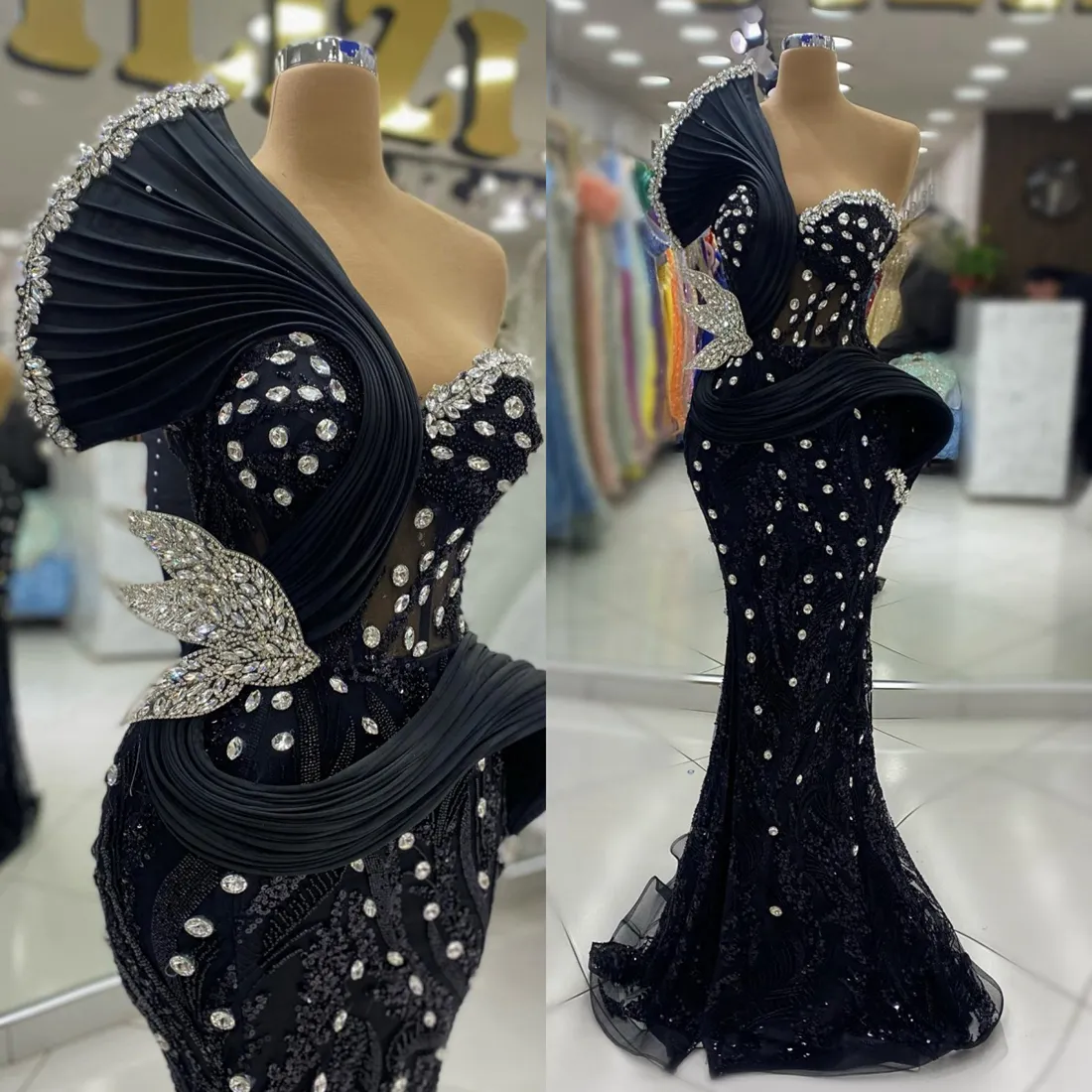 2024 Plus Size Black Prom Dresses for Black Women Promdress Illusion Mermaid Evening Dresses Elegant Beaded Lace Rhinestones Birthday Dress Reception Gowns AM777