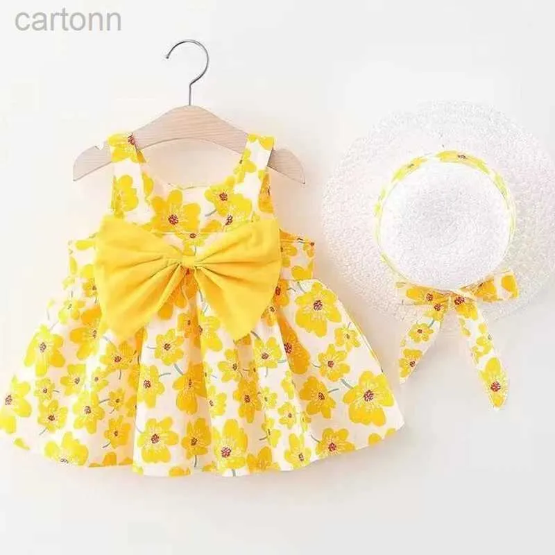 Mädchenkleider 0-3-jährige Babykleidung Sommer Meeres Urlaub Kinderkleider florale ärmellose Bow Girl Prinzessin Kleid+Hut D240425