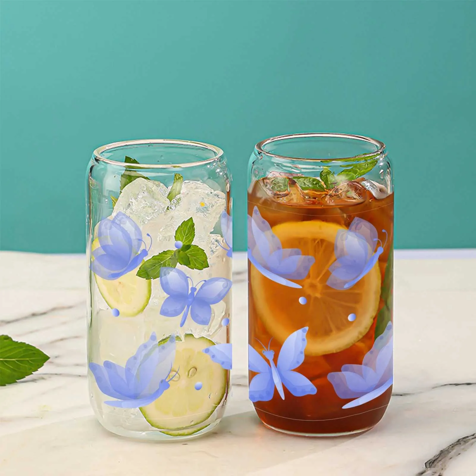 Tumblers de 16 onças Butterfly Butterfly Padrão com tampa de bambu Garrafa de sorvete de suco de palha de vidro adequada para presentes de verão H240425