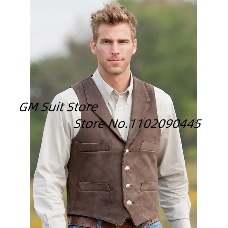 Vests Mens Suit Vest Suede Leather Four Buttons Vintage Waistcoat with Lapel For Groosmen Wedding Gilet Homme