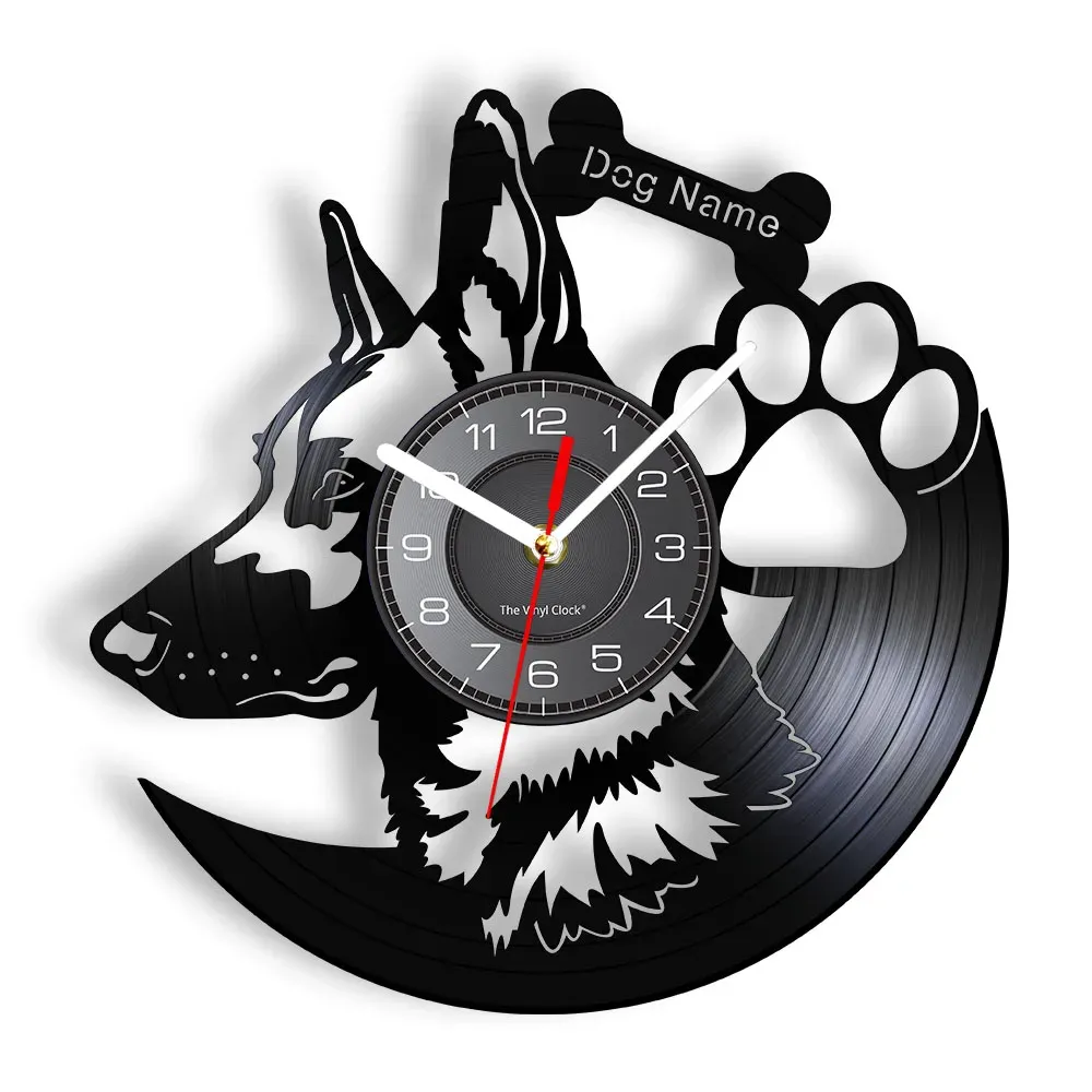 Klockor tyska Shepherd Dog Wall Clock Home Decor Hund Breas Vinyl Record Vintage Clock Custom Dog Name Wall Clock Gift for Dog Lovers