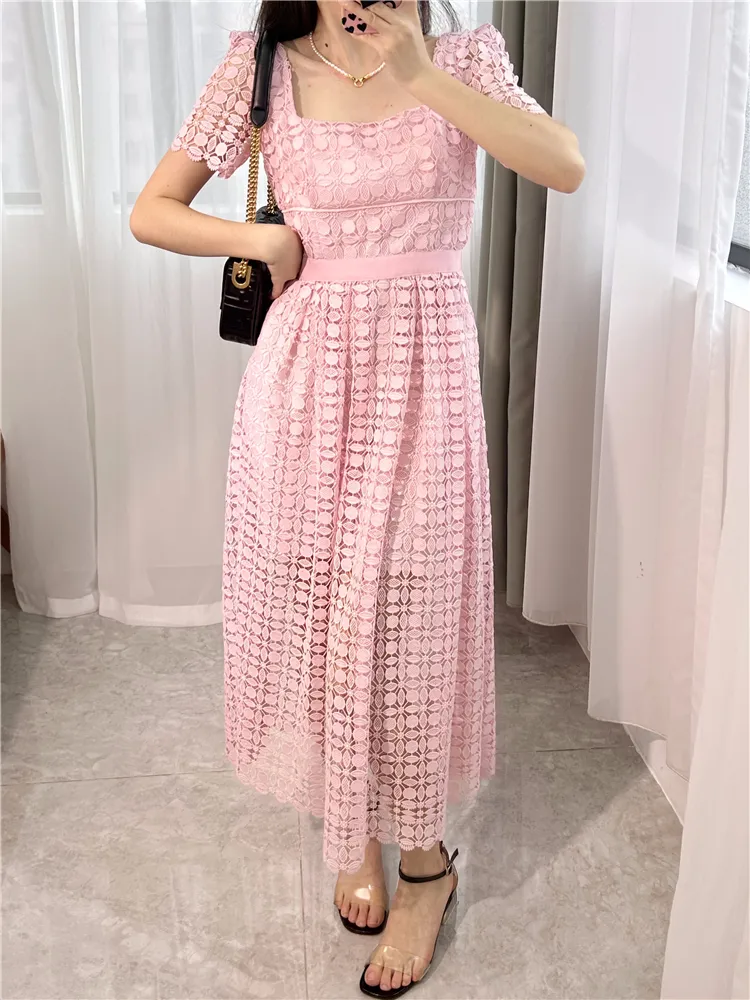 Panelled Lace Pink Midi Dress with Square Neck and Short Sleeves in  Polyester from Dhgate Basic & Casual Dresses - price 86.49