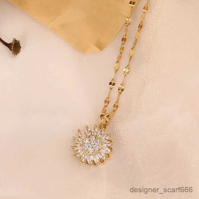 Sunflower Pendant Necklace Stainless Steel Double-layer Choker_voghion.com