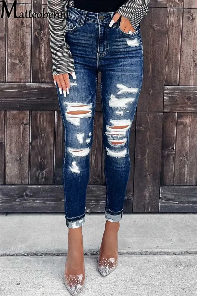 Jeans femminile femminile slim fit fori rotti jeans skinstreetwear vintage pantaloni a vita alta da donna ledies casual autunno pantaloni di base 240423