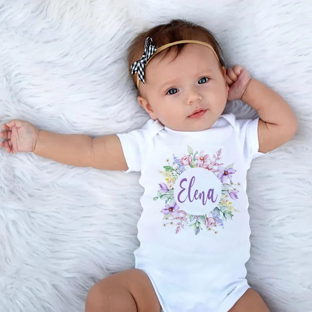 One-pièces couronne florale personnalisés nouveaux vêtements de petite fille personnalisés de prénom personnalisé Bodys Baby Shower Nom personnalisé