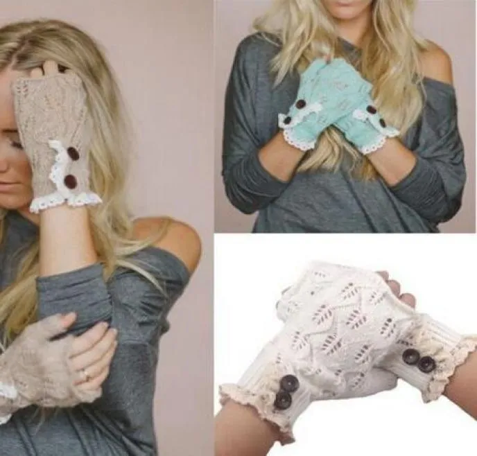 2017 Weststil Weihnachten Frauen Mädchen Massive Spitzenknopf gestrickte Blattspitzen Fingerlose Handschuhe Armwärmer to1314636891