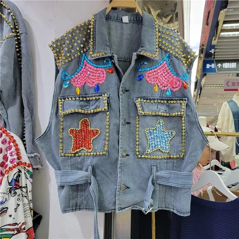 Giubbotti da donna Spring Autumn Rivets Paillettes stelle ricami in denim jeans jeans diamanti giubbotto moto cristallo cowboy canotte con cintura da cowboy