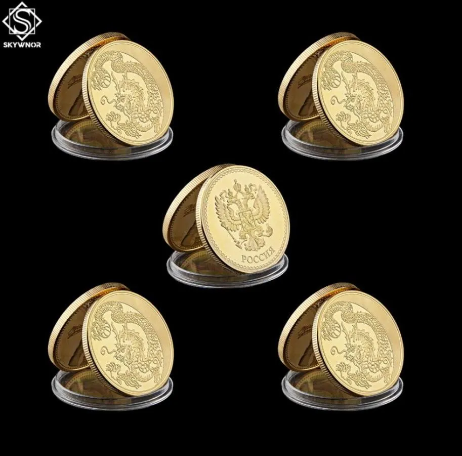 5PCS Retail Rosja Zodiac Dragon Fly Animal LOONG Craft Gold Homemorative Moneta Metal Round Gift Decor3711276