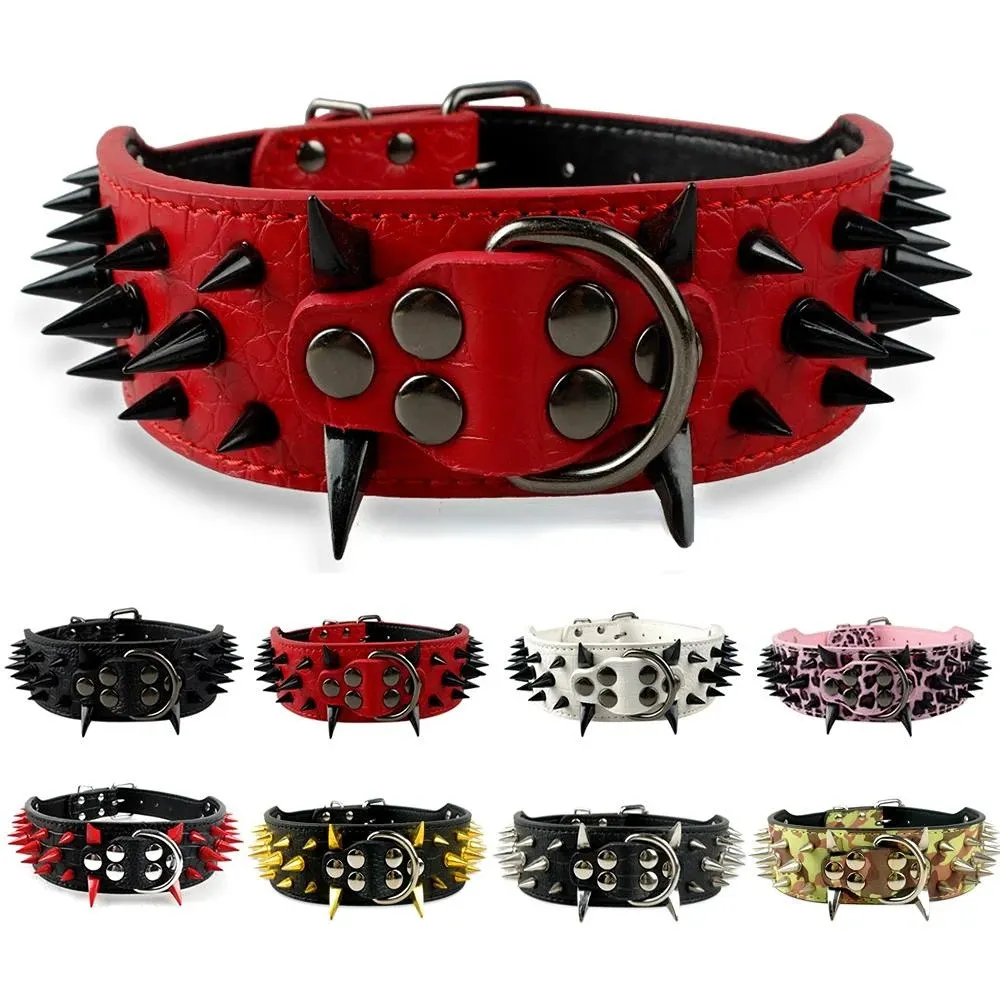 2 Wide Sharp Spiked Studded Leather Dog Collars Pitbull Bulldog Big Collar Justerbar för medelstora stora hundar Boxer S M L XL 240418