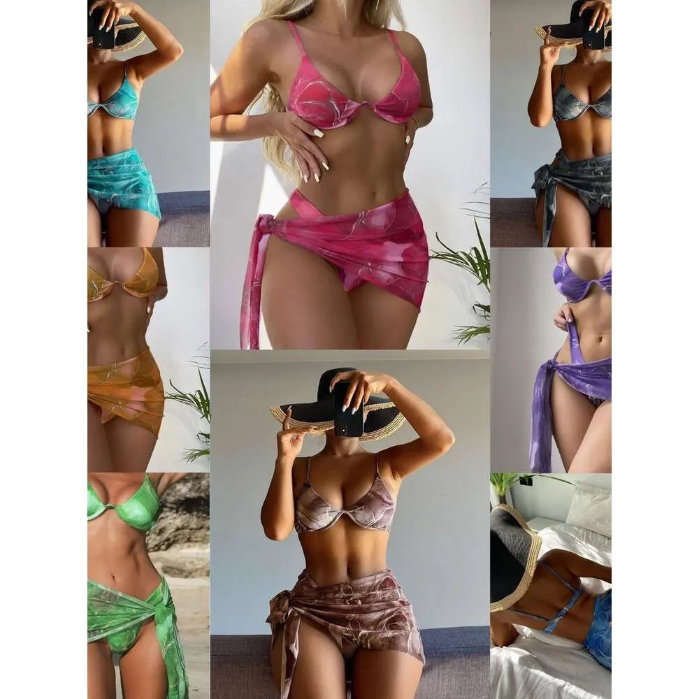 Nieuwe meerkleurige digitale gedrukte mesh driedelige set met stalen ondersteuningsriem, backless sexy en modieus bikini-zwempak