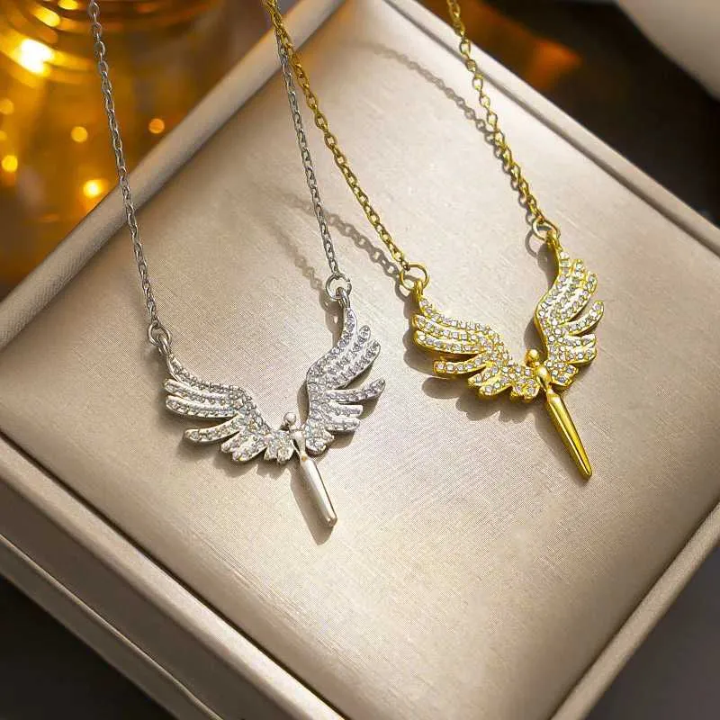 Necklaces Fashion Retro Angel Wing Necklace Light Micro-set Pendant Simple Design Stainless Steel Clavicle Chain Gift_voghion.com