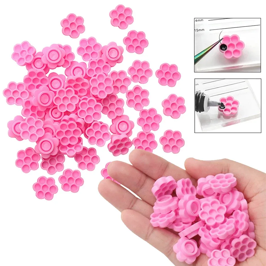 Inks 100pcs Extension des cils rose Fleur de colle de colle tasse tatouage Tatouage des pigments adhésifs greffant les cils oculaires qui maintiennent les plateaux