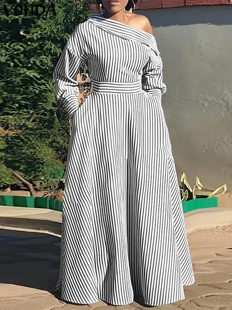 Plus taille 5xl Vonda Elegant Striped MAXI Robe Bohemian Women Sundress Casual Loose Off épaule à manches longues Vestidos 240417