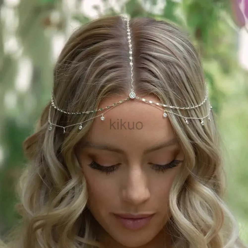 Bröllopshår smycken Stonefans Boho Fashion Crystal Head Chain Wedding Hair Accessories Elegant Headpiece Bling Bridal pannkedja Indiska smycken D240425