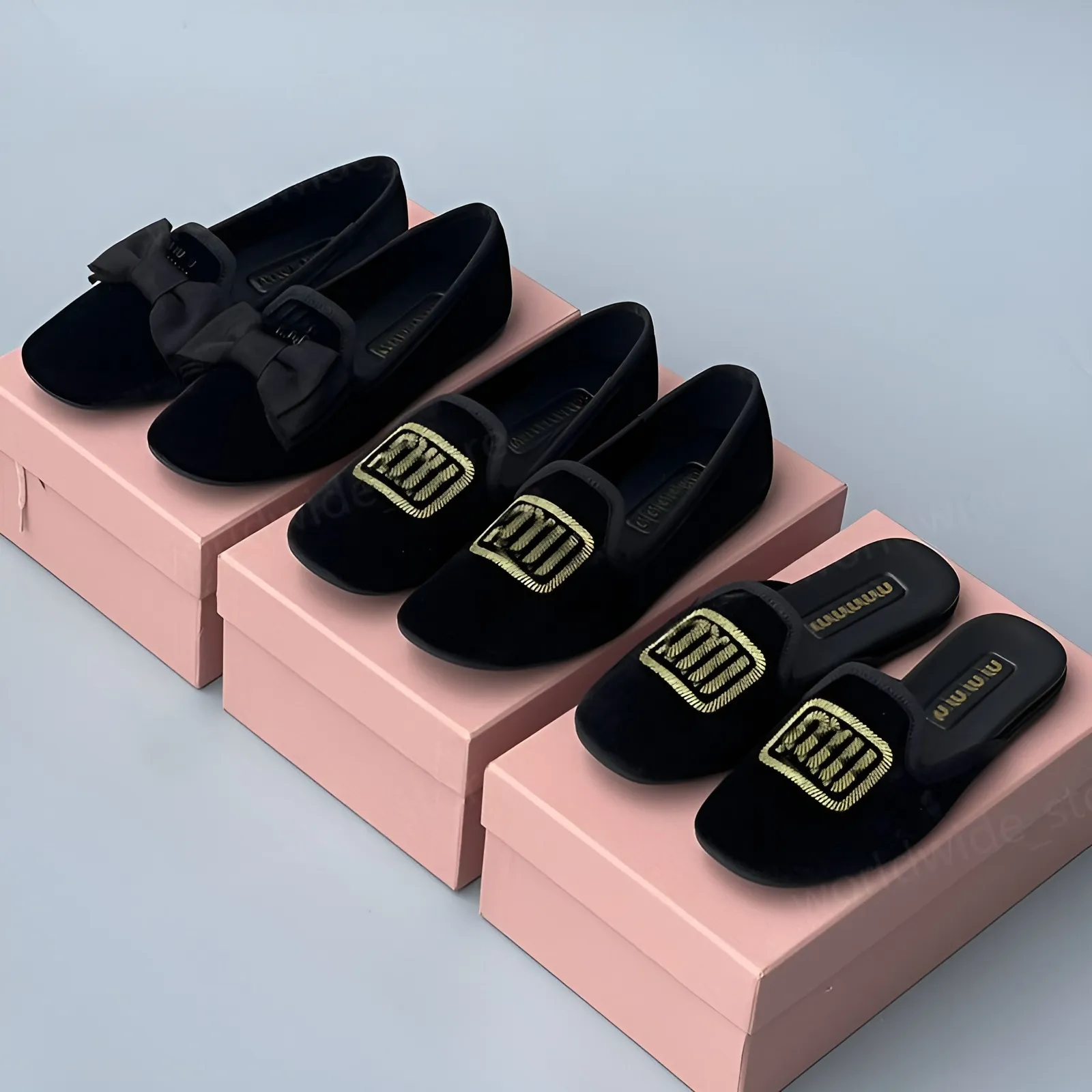 Дизайнер Miui Retro Velvet Flat Low Blate Mallow Roth Bow Ballet Shoes Single обувь 35-41