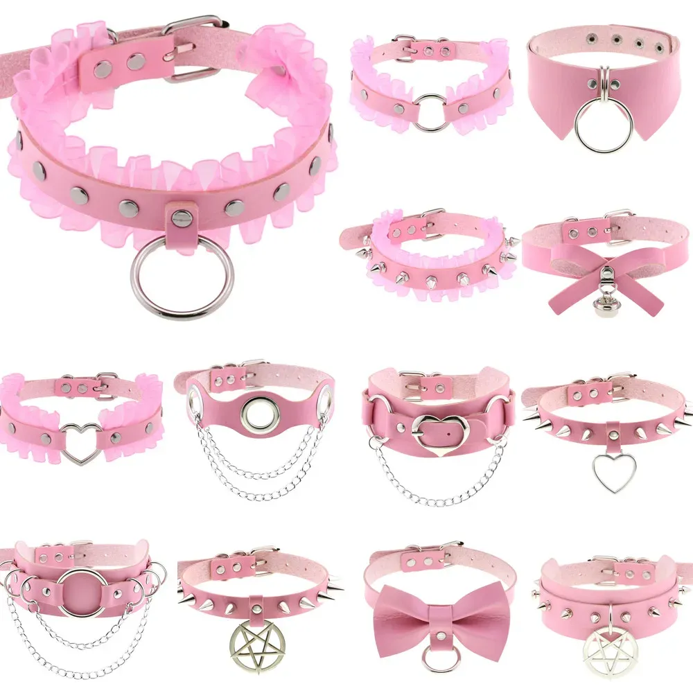 Colares Diezi Trendy Punk Rosa Colar Cheer de Cara para Mulheres Torques Harajuku Gothic Cirle Heart Pingente Jóias