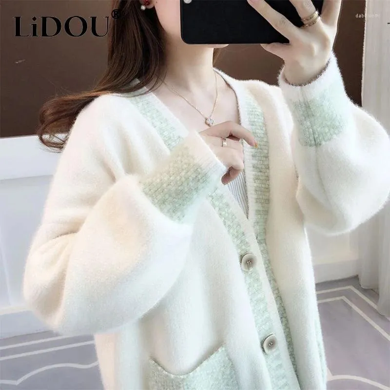 Knits de mujeres Autumn Invierno Estilo coreano Corea dulce Elegante Patchwork Botones Swater Women Flower Casco de punto de punto