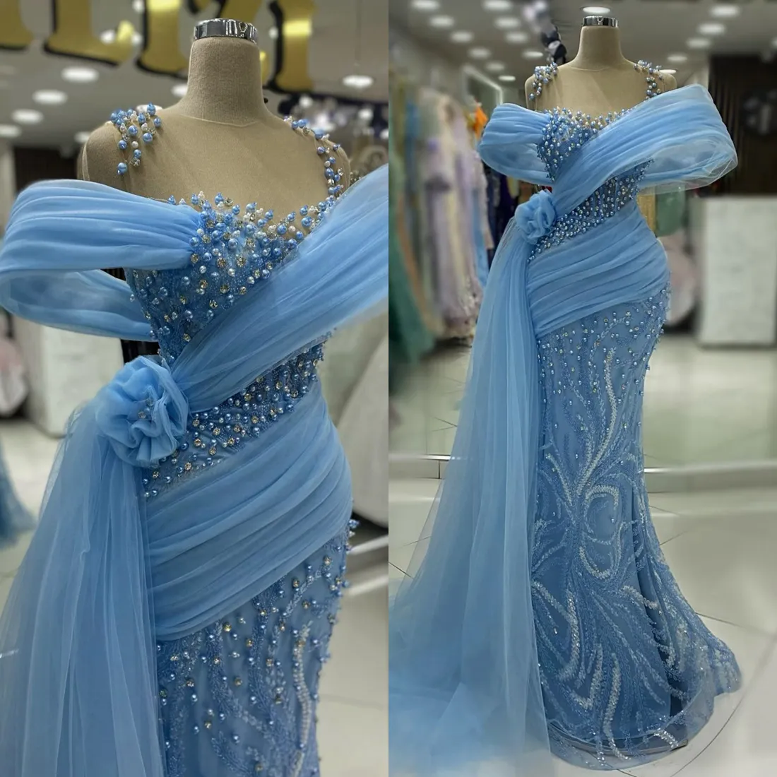 2024 Plus Size Blue Prom Dresses for Black Women Promdress Illusion Sheer Neck Beaded Lace Pearls Rhinestones Decorated Birthday Dress Second Reception Gowns AM778