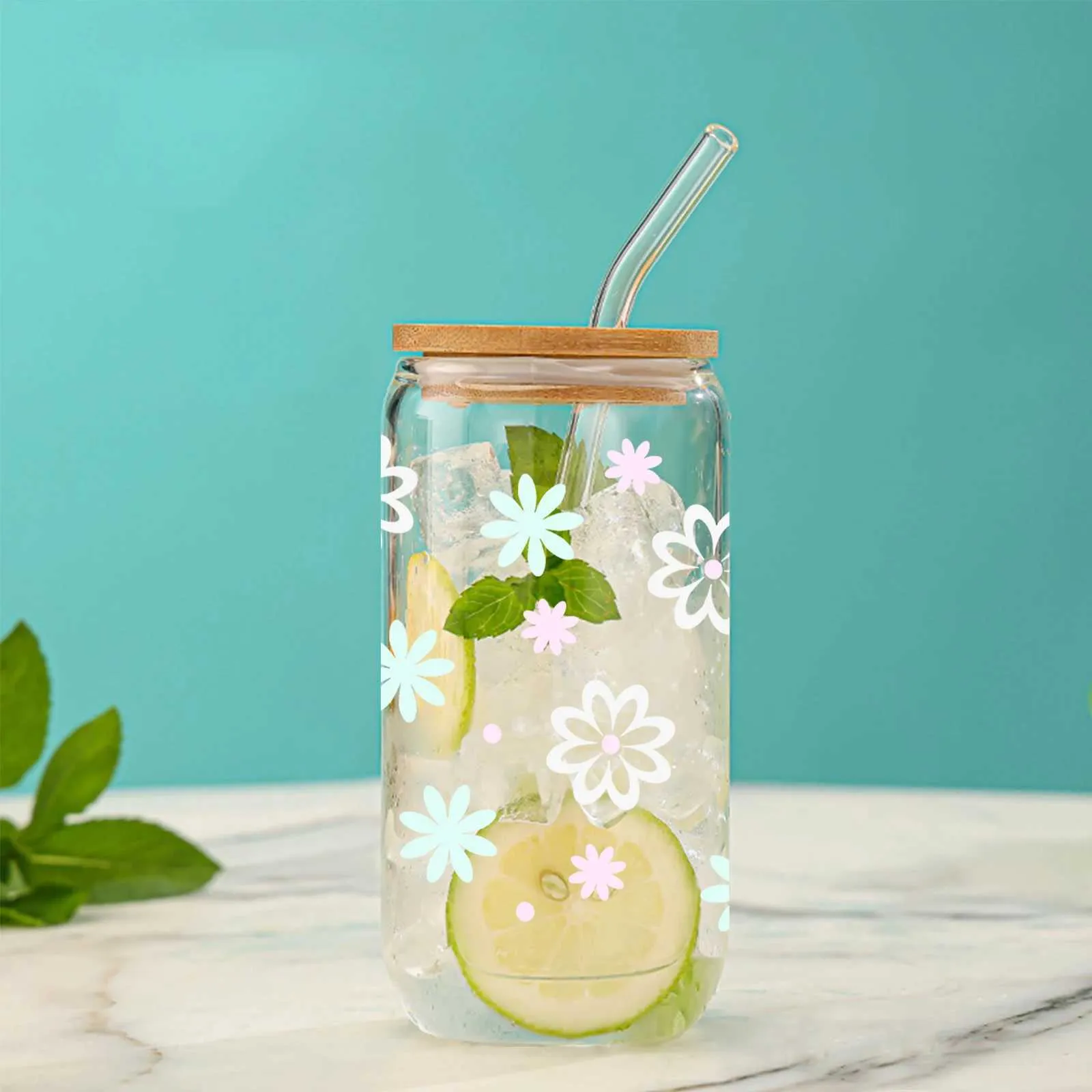 Tumblers Clear Drinking Glass With Bamboo Lid And Straw Juice Cup For Hot/Cold Drinks Drinkware Gift Light Colored Flowers Style H240425