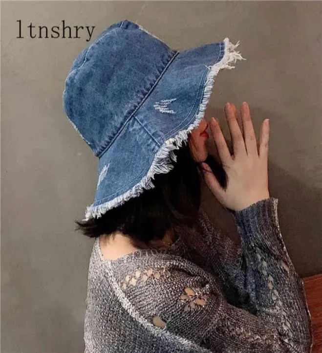 Letnia jesień umyta dżinsowa kapelusz słoneczny moda moda miękki miękki czapkę damski szerokie grzbiet plażowe czapki kubełko żeńskie bawełniane składane 210321888019