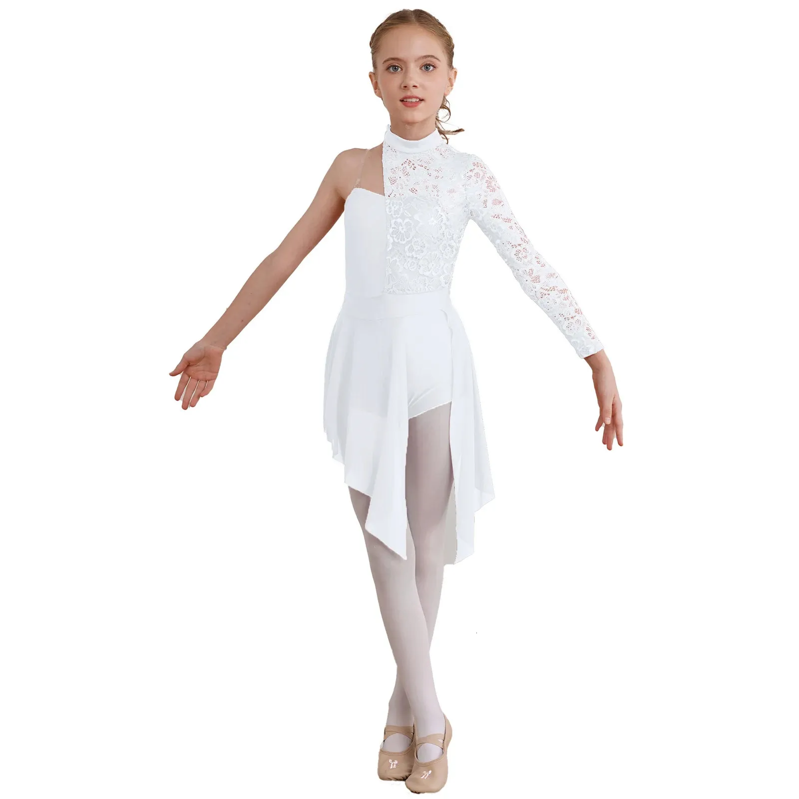 Kindermeisje Moderne lyrische dans Figuur Skating Dress Ballet Gymnastics Latin Chacha Dancewear Floral Lace Bodice Tuchice Jurken Jurken 240420