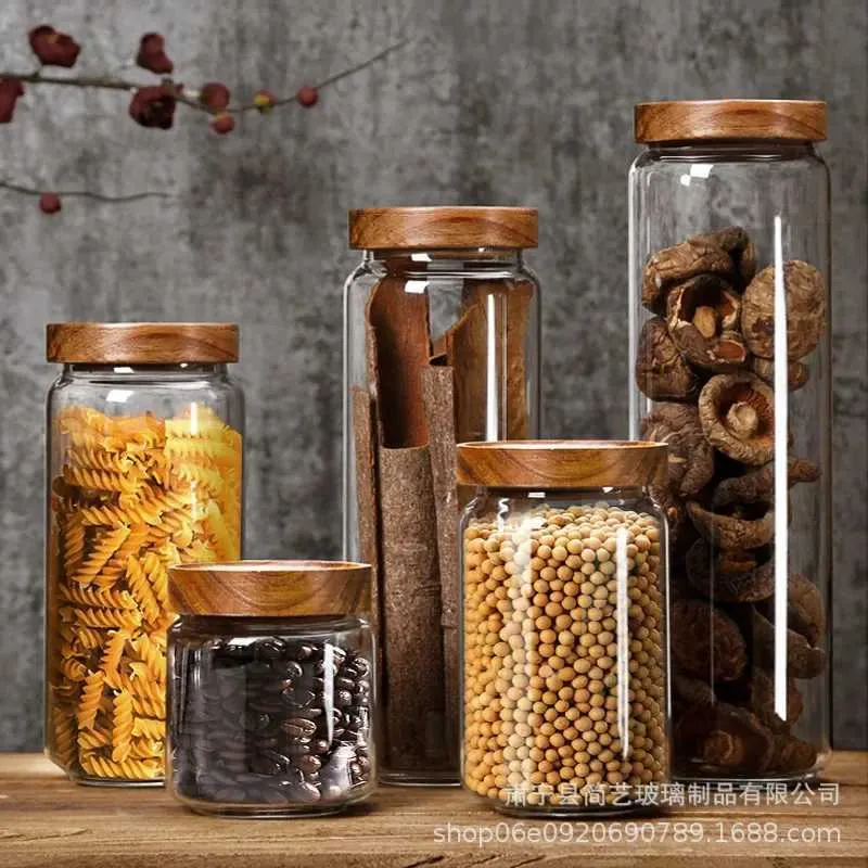 Storage Bottles Jars 3 pieces of 250-1550ml wooden glass airtight cans kitchen storage bottles sealed food containers coffee beans grain organizer H240425