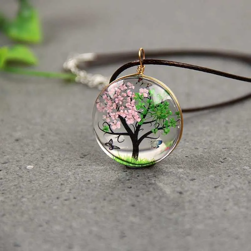 Pendant Necklaces Classic specimen time gem glass pendant sweater chain dried flower plant life bark rope necklace_voghion.com