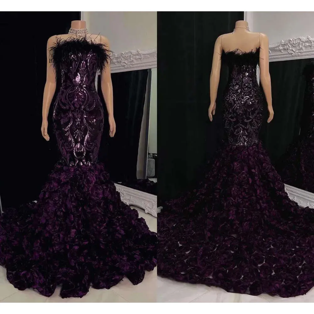 Deep Purple Cascading Lace Flowers Pióro Prom Dresess Sexy syrena bez ramiączek bez pleców czarne suknie wieczorowe